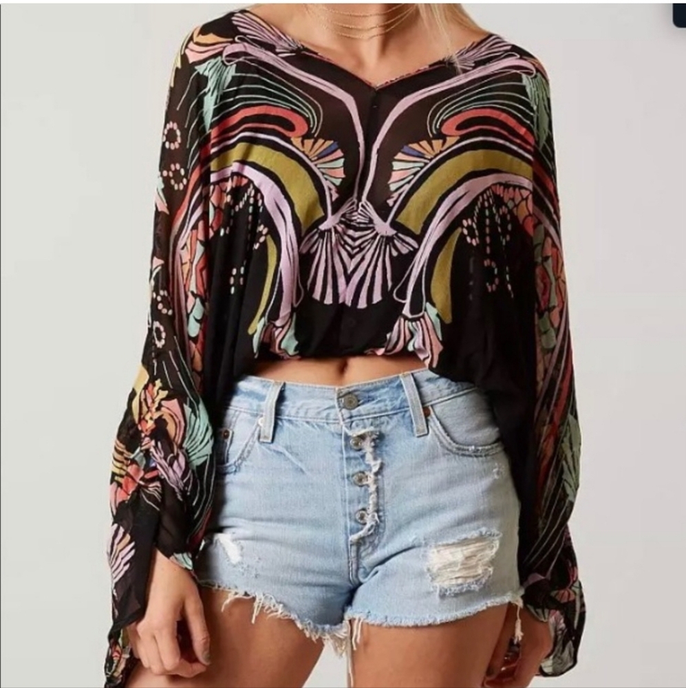 Free People Beneath The Sea Sheer Black Crop Top Size XS